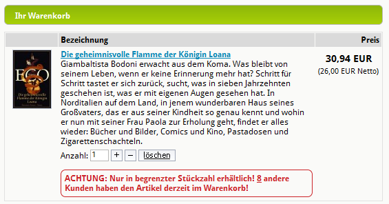 Information zu begrenzter Stückzahl eines Artikels (Anklicken zum Vergrößern)